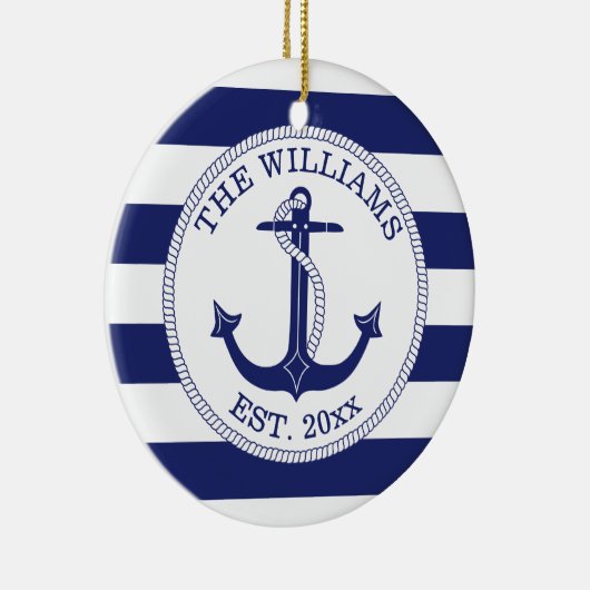 Nautical Anchor Navy Blue Stripe Mit Monogramm Keramik Ornament (Rechts)