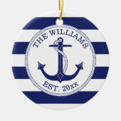 Nautical Anchor Navy Blue Stripe Mit Monogramm Keramik Ornament (Vorne)