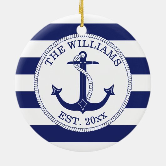 Nautical Anchor Navy Blue Stripe Mit Monogramm Keramik Ornament (Hinten)