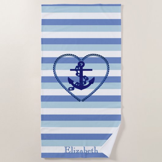 Nautical Anchor Navy Blue Stripe Strandtuch (Vorderseite)