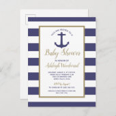 Nautical Anchor Navy Blue Striped Boy Baby Dusche Einladungspostkarte (Vorne/Hinten)