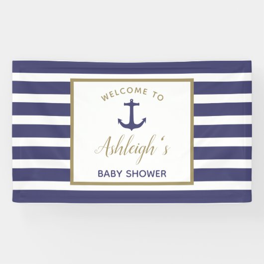 Nautical Anchor Navy Blue Stripes Boy Baby Dusche Banner (Horizontal)