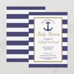 Nautical Anchor Navy Blue Stripes Boy Baby Dusche Einladung