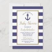 Nautical Anchor Navy Blue Stripes Boy Baby Dusche Einladung (Vorderseite)