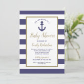Nautical Anchor Navy Blue Stripes Boy Baby Dusche Einladung (Stehend Vorderseite)