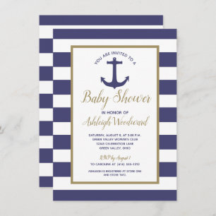 Nautical Anchor Navy Blue Stripes Boy Baby Dusche Einladung