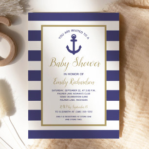 Nautical Anchor Navy Blue Stripes Boy Baby Dusche Einladung