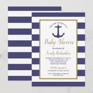 Nautical Anchor Navy Blue Stripes Boy Baby Dusche Einladung
