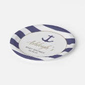 Nautical Anchor Navy Blue Stripes Boy Baby Dusche Pappteller (Schrägansicht)