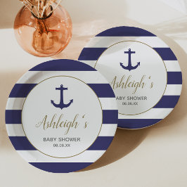 Nautical Anchor Navy Blue Stripes Boy Baby Dusche Pappteller