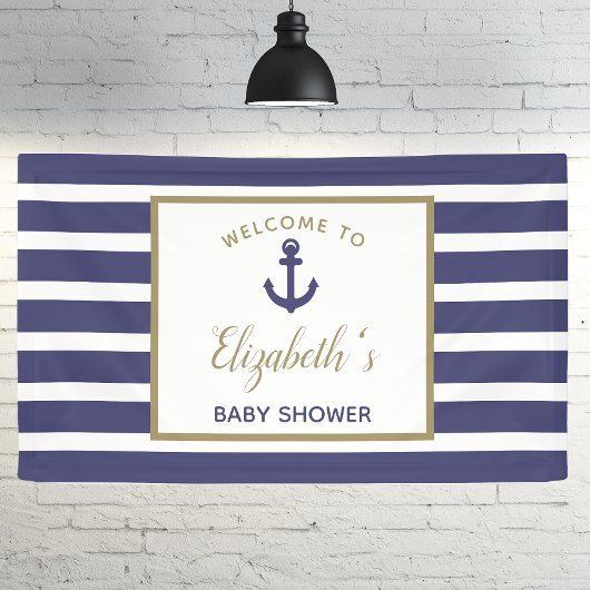 Nautical Anchor Navy Blue Stripes Boy Baby Shower Banner