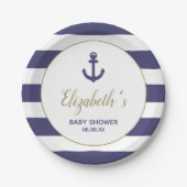 Nautical Anchor Navy Blue Stripes Boy Baby Shower Pappteller (Vorderseite)