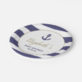 Nautical Anchor Navy Blue Stripes Boy Baby Shower Pappteller (Schrägansicht)