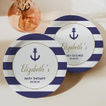 Nautical Anchor Navy Blue Stripes Boy Baby Shower Pappteller<br><div class="desc">This boy's baby shower paper plate features a navy blue anchor in a faux gold-bordered circle on a background of navy blue and white stripes. Inside the circle, the name of the mom-to-be appears in faux gold cursive script typography. The words "Baby Shower" and the date appear below in gray...</div>