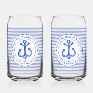 Nautical Anchor Navy Blue Striping Personalisiert Dosenglas