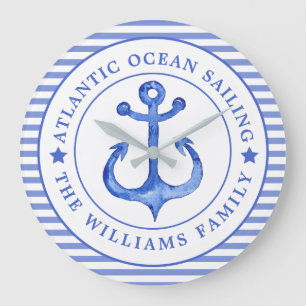 Nautical Anchor Navy Blue Striping Personalisiert Große Wanduhr
