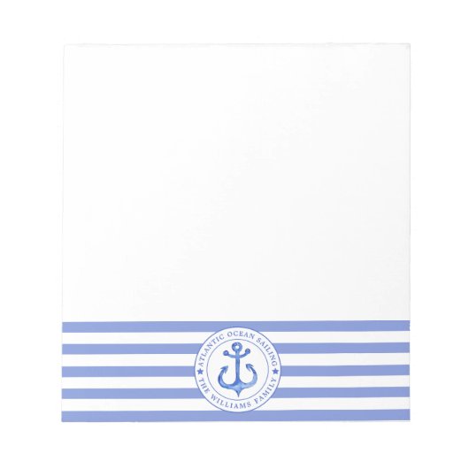 Nautical Anchor Navy Blue Striping Personalisiert Notizblock (Vorderseite)