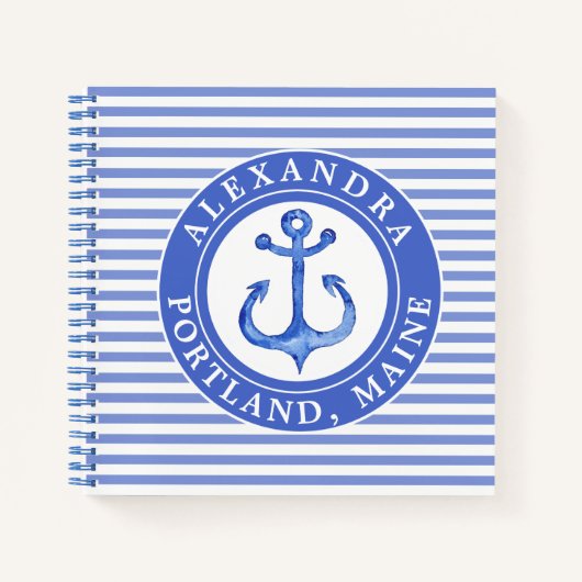 Nautical Anchor Navy Blue Striping Personalisiert Notizblock (Vorderseite)