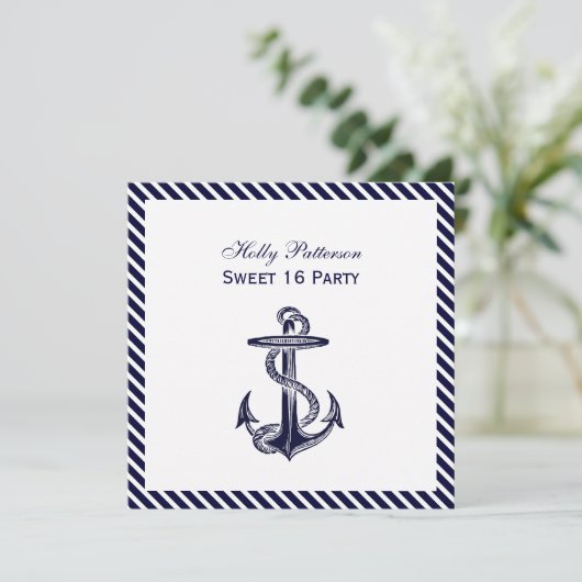 Nautical Anchor Navy Diag Stripe 2SQ Sweet 16 Einladung (Stehend Vorderseite)