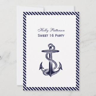 Nautical Anchor Navy Diag Stripe 2V Sweet 16 Einladung