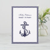 Nautical Anchor Navy Diag Stripe 2V Sweet 16 Einladung (Stehend Vorderseite)