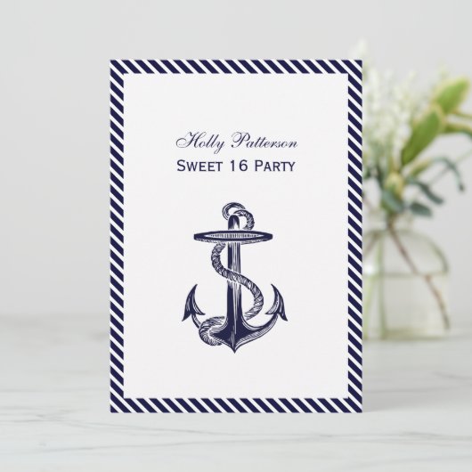 Nautical Anchor Navy Diag Stripe 2V Sweet 16 Einladung (Stehend Vorderseite)