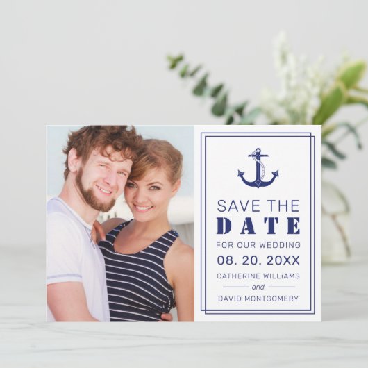 Nautical Anchor Navy Minimalistisches Foto Hochzei Save The Date (Stehend Vorderseite)