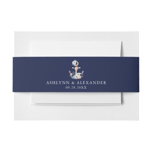 Nautical Anchor Navy Peach Blumennamen Hochzeit Einladungsbanderole (Vorderseite Beispiel)