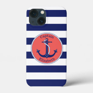 Nautical Anchor Navy und Coral Personalisiert iPhone 13 Mini Hülle