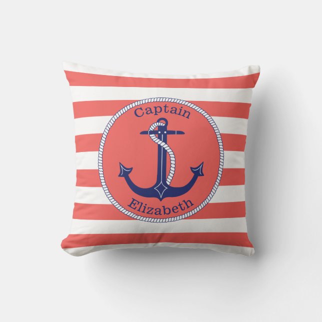 Nautical Anchor Navy und Coral Personalisiert Kissen (Vorderseite)