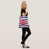 Nautical Anchor Navy und Coral Personalisiert Tasche (Am Model)