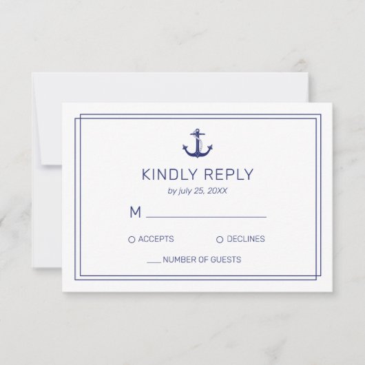 Nautical Anchor Navy & White Minimalistisch Weddin RSVP Karte (Vorderseite)