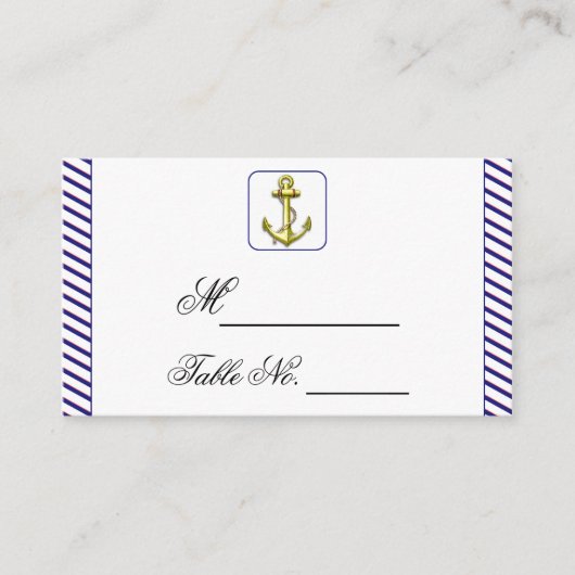 Nautical Anchor on Blue Stripe Wedding Platzkarte (Vorderseite)