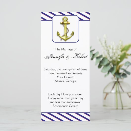 Nautical Anchor on Blue Stripe Wedding Program Programm (Stehend Vorderseite)
