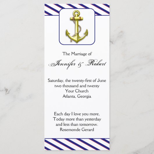 Nautical Anchor on Blue Stripe Wedding Program Programm (Vorderseite)