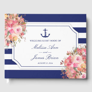 Nautical Anchor Pink Blütenblauer Streifen Hochzei Gästebuch