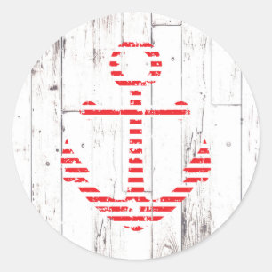 Nautical Anchor Red Stripes White Wood Party Runder Aufkleber
