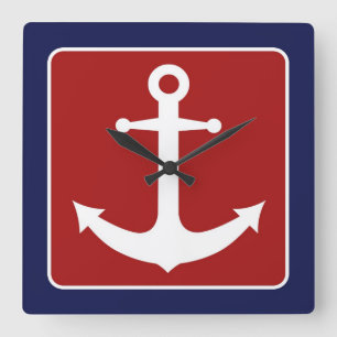 Nautical Anchor - Red White and Blue Quadratische Wanduhr