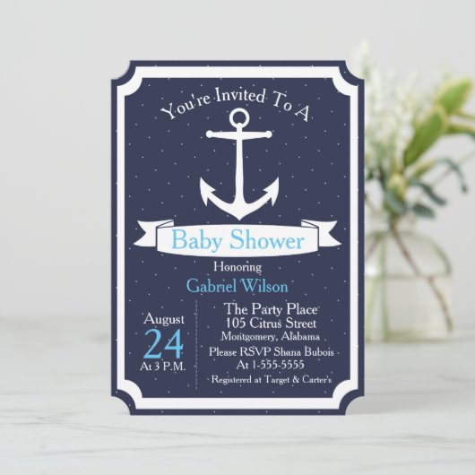 Nautical Anchor & Ribbon Baby Boy Babydusche Einladung (Stehend Vorderseite)