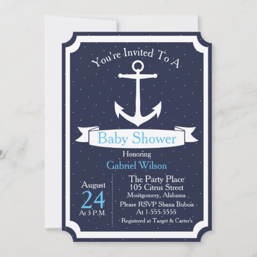 Nautical Anchor & Ribbon Baby Boy Babydusche Einladung (Vorderseite)