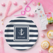 Nautical Anchor Rope Boat Name Navy Blue Striping Pappteller (Party)