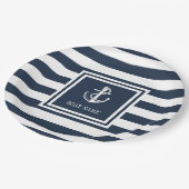 Nautical Anchor Rope Boat Name Navy Blue Striping Pappteller (Schrägansicht)
