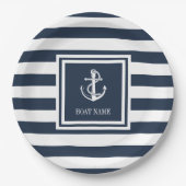 Nautical Anchor Rope Boat Name Navy Blue Striping Pappteller (Vorderseite)