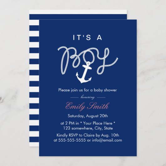 Nautical Anchor & Rope Boy Baby Dusche Einladung (Vorne/Hinten)