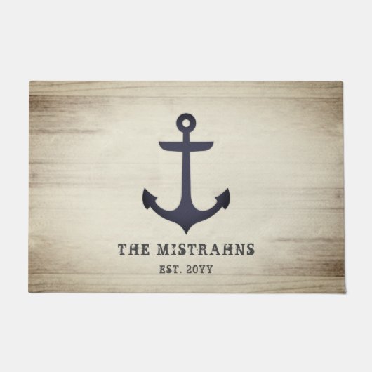 Nautical Anchor Rustic Gray Wood Individuelle Name Fußmatte (Vorderseite)