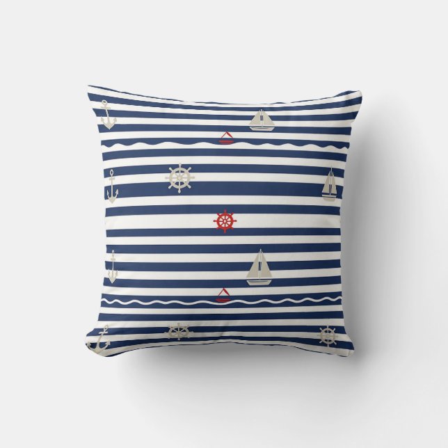 Nautical Anchor Sailboat Stripe Pattern Kissen (Vorderseite)