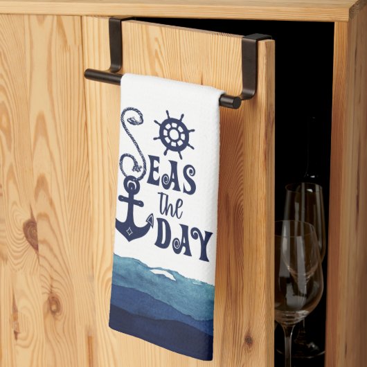 Nautical Anchor SEAS THE DAY Navy Blue White Geschirrtuch (Drittel gefaltet)