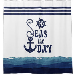 Nautical Anchor SEAS THE DAY Watercolor Navy White Duschvorhang