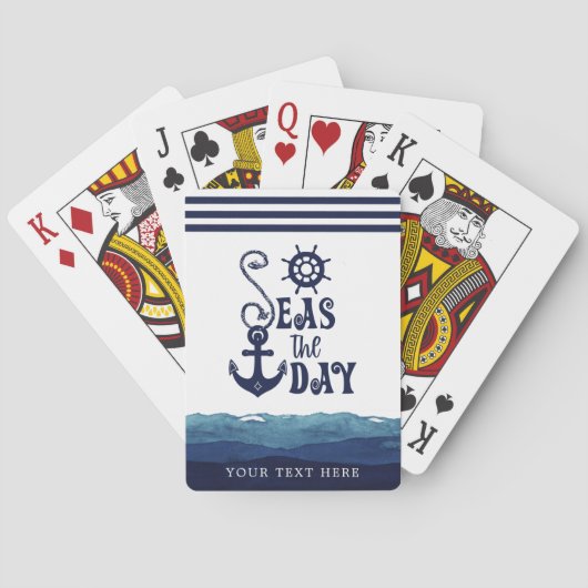 Nautical Anchor SEAS THE DAY Watercolor Waves NavY Spielkarten (Rückseite)