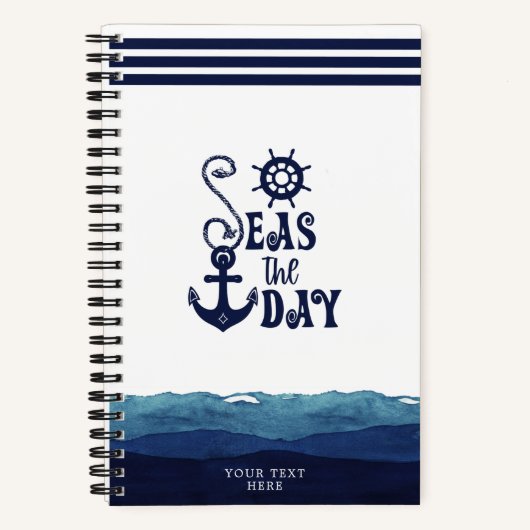 Nautical Anchor SEAS THE DAY Watercolor Waves Notizblock (Vorderseite)